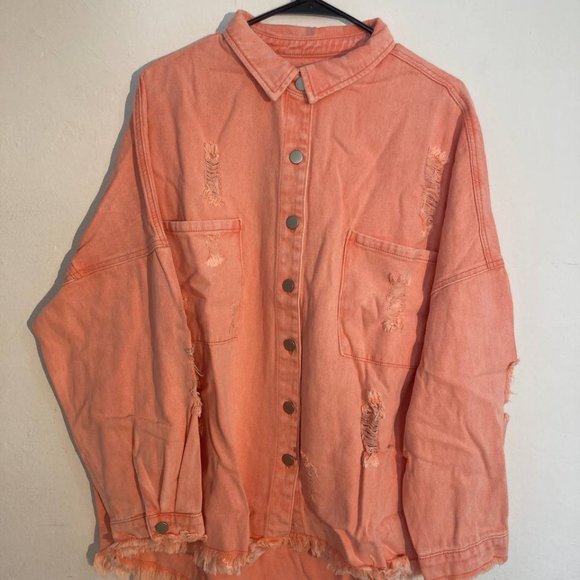 Jackets & Blazers - Orange Distressed Fringe Trim Denim Jacket Size:(US 18-20)2XL